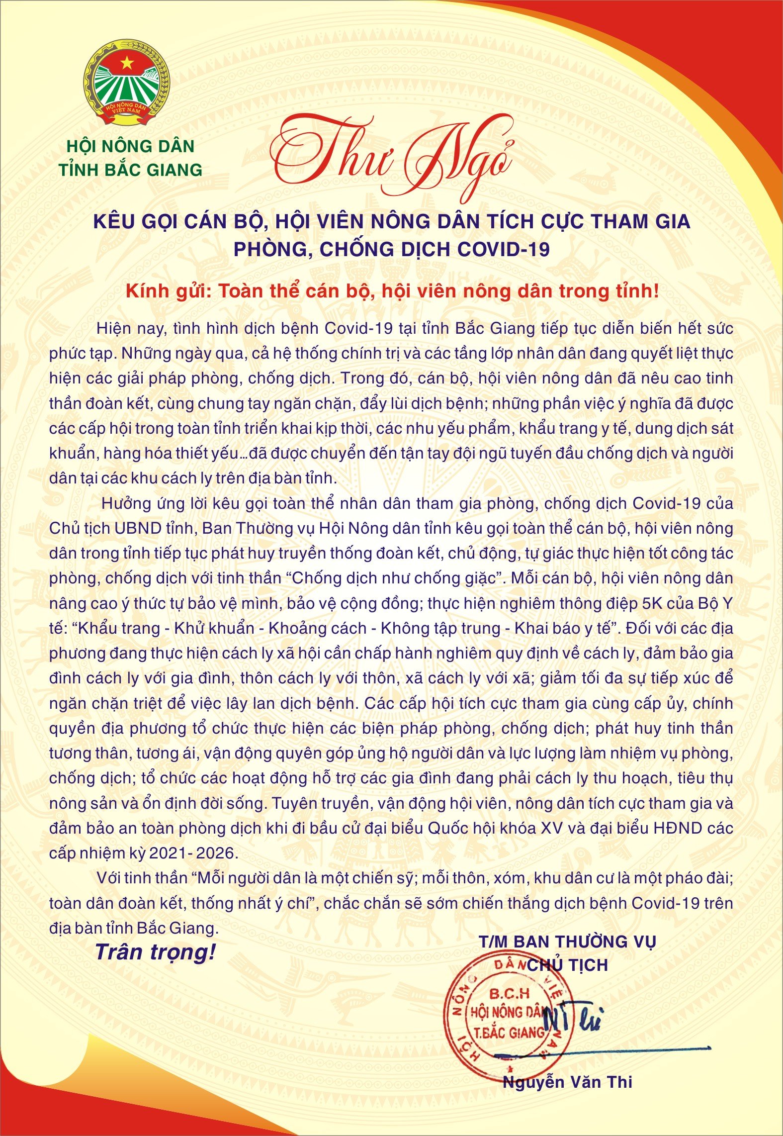 Thư ngỏ kêu gọi cán bộ, hội viên nông dân tích cực tham gia phòng chống dịch Covid – 19
